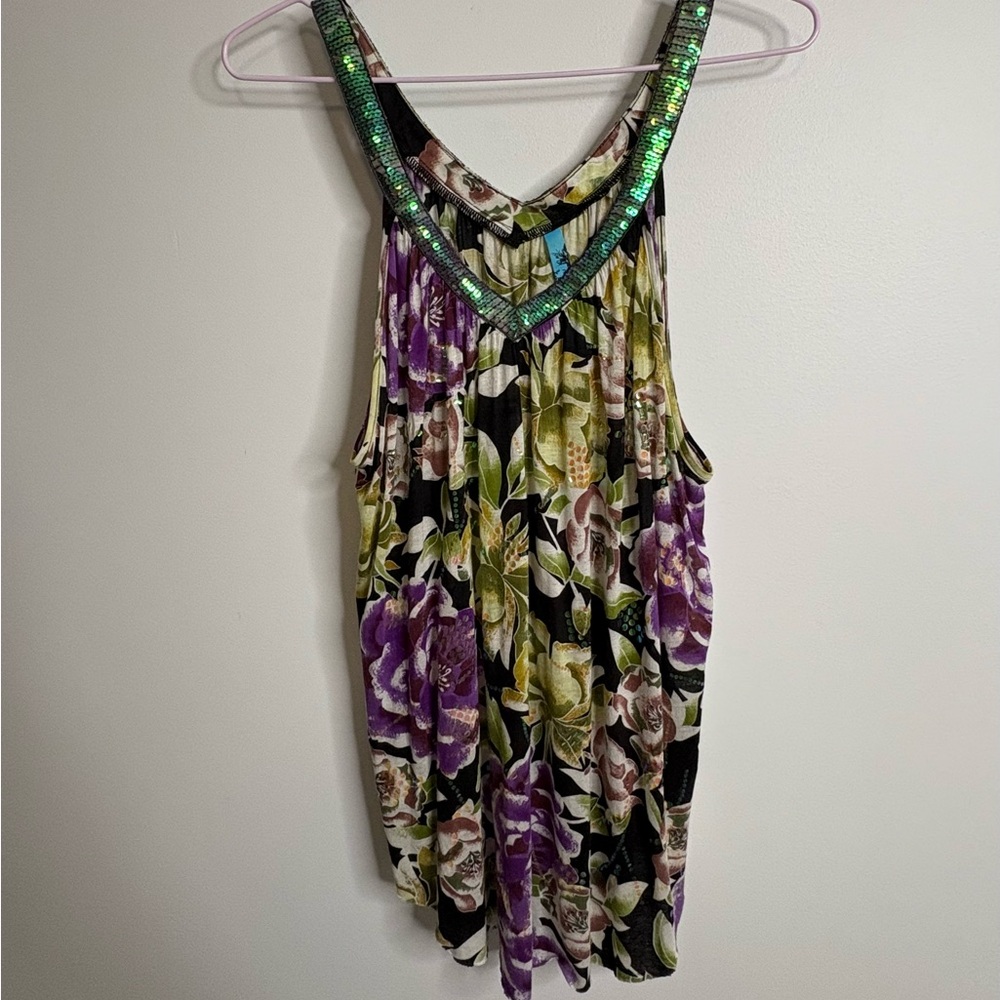 Free People Floral Tank Top with Sequin Trim Size XS